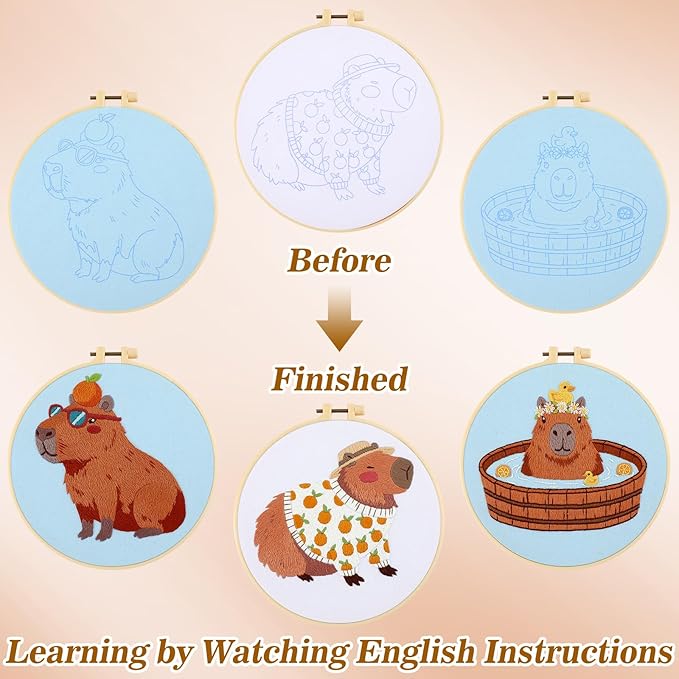 Mindsoft 3 Sets Capybara Embroidery Kit with Embroidery Hoop Easy Pattern Needlepoint Kit for Beginners and Adults Handcrafts Needlepoint Set with Needles Thread and Instruction