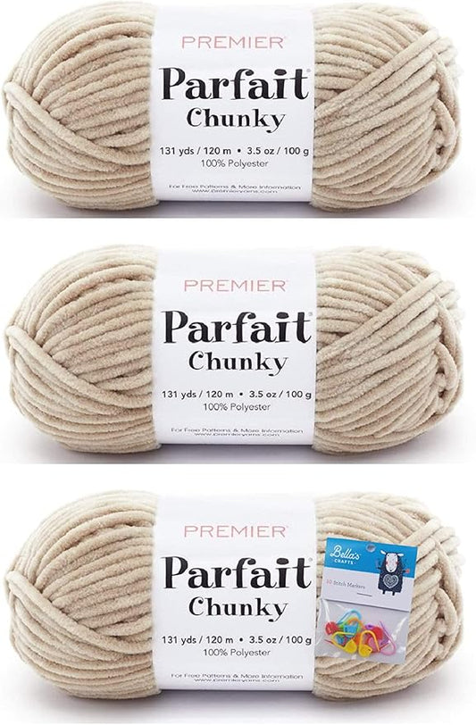 Premier Yarns Parfait Chunky Chenille Yarn 3.5 Oz 6 Super Bulky Weight 3 Pack Bundle with Bella's Stitch Place Holders (Toffee)