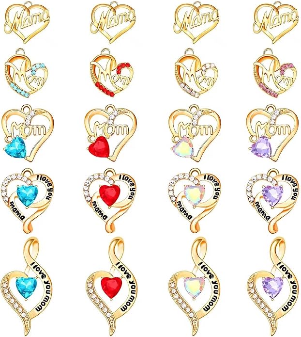 18/20PCS Mama Charms for Jewelry Making Rhinestone Heart Birthday Mother’s Day Charms Letter Mama Mom Pendants for Necklace Bracelet Making DIY Crafts