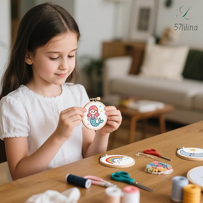 57lilina Cross Stitch Kits for Kids - 6 Set Easy Beginners Embroidery Kit for Kids, DIY Cute Pre Printed Stamped Crossstitch Needlepoint Patterns Craft for Backpack Charms, Keychains & Girls Gifts
