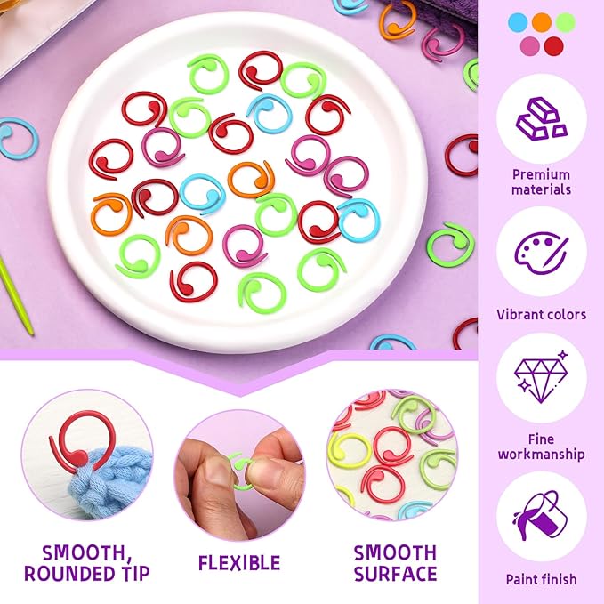Lokunn 100 Pcs Metal Stitch Markers, 5 Color Helical-Shaped Crochet Markers Ring, 9 Pcs Large Eye Blunt Sewing Needles with Storage Box for DIY and Craft Sewing