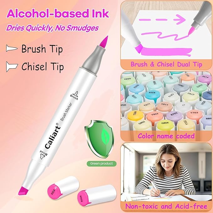 caliart 168 colors alcohol markers brush tip & chisel, dual tip art markers set for adults coloring book artists sketch illustration, with case permanent colored pen art supplies drawing gifts
