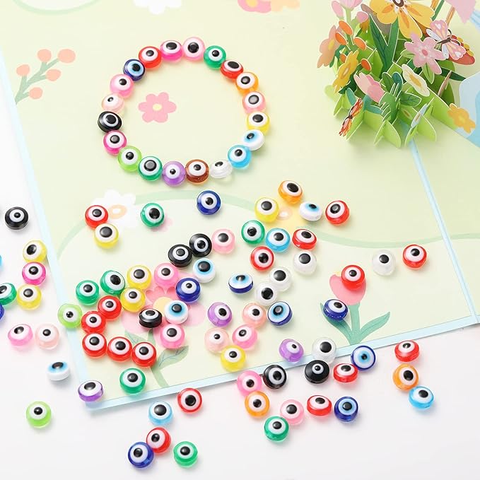 300pcs Evil Eye Beads for Jewelry Making,Flat Round Bead 8mm Spacer Beads for Bracelets Handicraft Kit(Mixed Color)