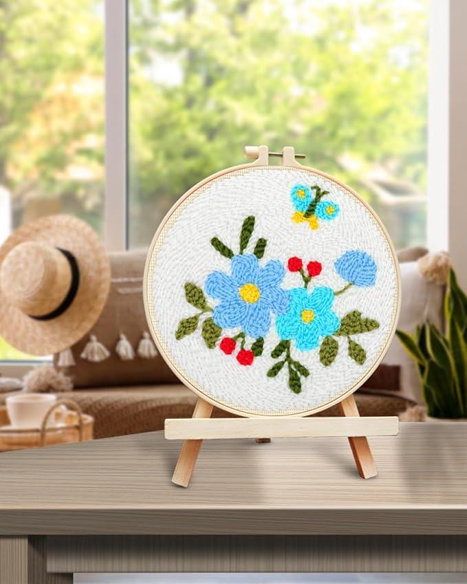 TINDTOP Punch Needle Embroidery Kits, Flowers Punch Needle Kits for Adults Beginner, Tool with Punch Needle Fabric, Hoops, Yarns and Sewing Needles (Set A)