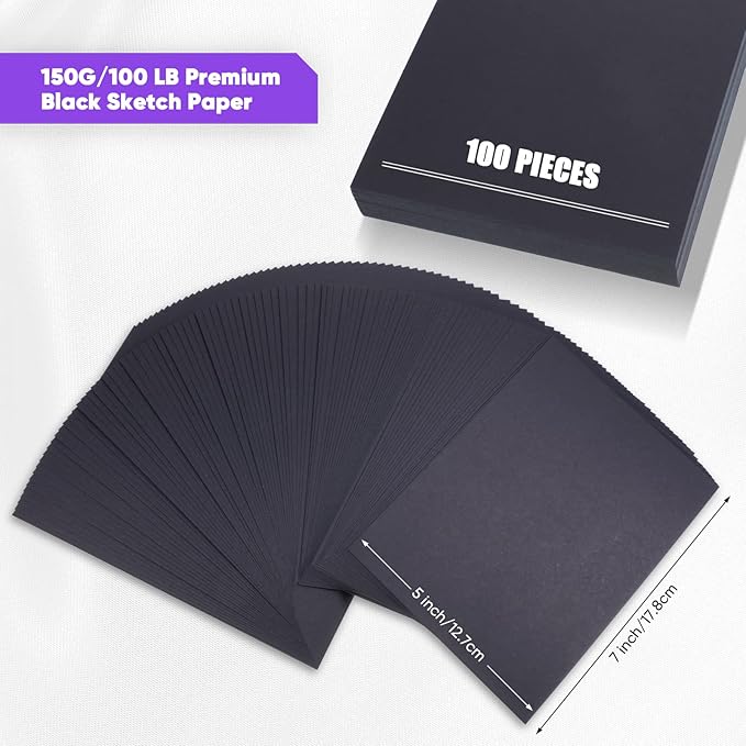 Crtiin 100 Sheets Black Sketch Drawing Paper Heavyweight 150 GSM /100 Lbs Artist Drawing Paper Sketchbook for Colored Pencil, Oil Pastel, Charcoal, Gel Pen, Chalk(5 x 7 Inches)