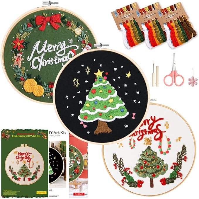 christmas embroidery kits: 3 pack cross stitch kit for beginners adults, diy ornaments craft kit with all tools & instructions, stamped hand embroidery starter kit for holiday crafts & xmas home decor