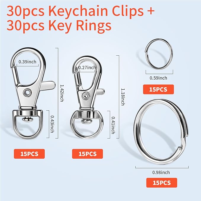 LEOBRO 60 PCS Swivel Snap Hooks and Key Rings, Keychain Clips and Key Chain Rings, Metal Split Rings, Keychain Making Kit, for Key, Key Chains, Jewelry Making, Crafts, Silver