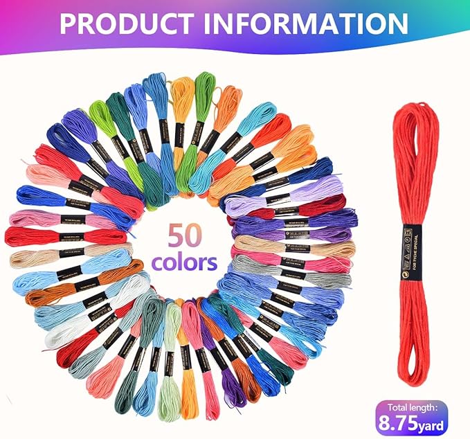 OBTANIM 50 Skeins Rainbow Color Embroidery Floss Cross Stitch Threads Bracelet String Yarn Crafts Floss with Needles for Bracelet Making, Hand Sewing Crafts