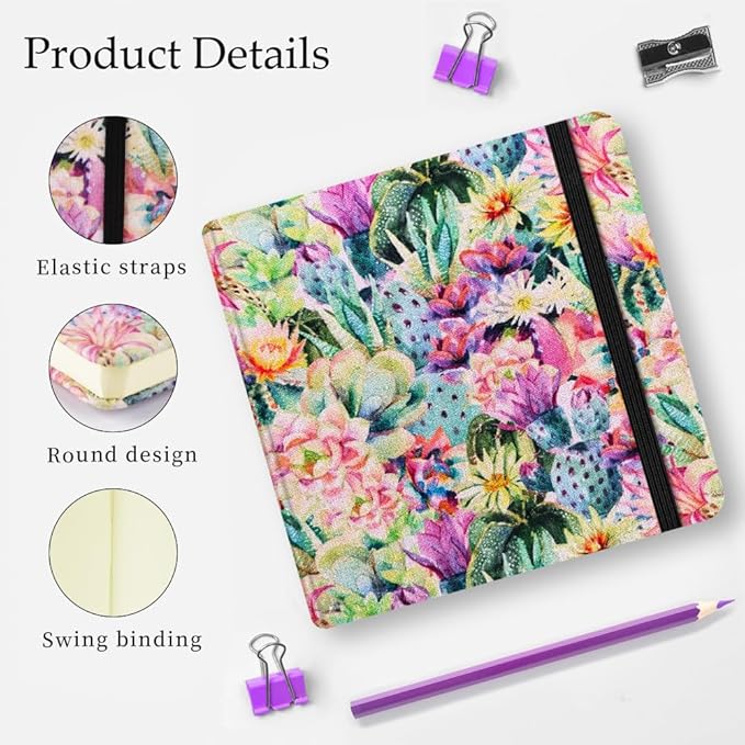 Mifuner Small Square 5x5 80gsm Mini Notebooks Blank Pages Sketchbooks Travel Journal Pocket Hardcover Paint Writing Notebook Blank Diary Memo Planner Sketchbook Fabric Cover, Cactus Flower