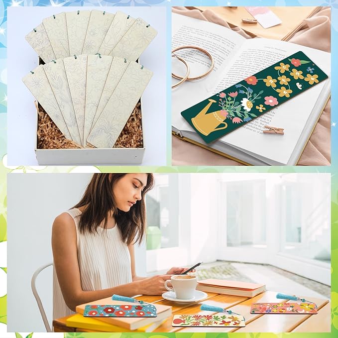 Kosiz 12 Pcs Butterfly Flowers Theme Paint by Numbers Kit for Adults Floral Wood Bookmark Painting Decor Mini Paint by Numbers Kit Tassels Blank Bookmarks Craft for Small DIY Book Lovers Gift 7x2 ''