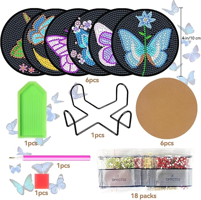 Vcekract Diamond Painting Coasters, 6 Pcs Butterfly Diamond Painting Coasters with Holder, Diamond Art Kits for Adults