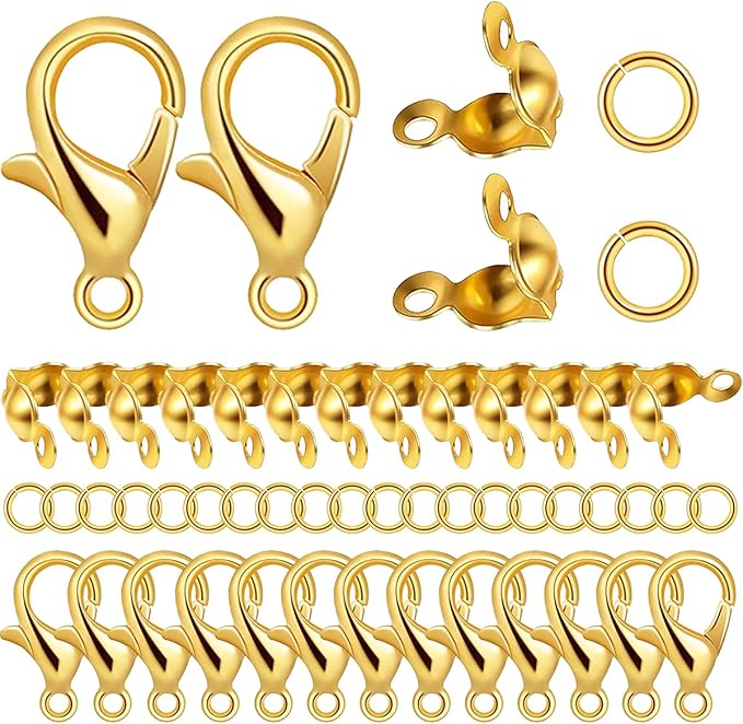 1250 Pieces Jewelry Making Accessories Set Includes 800 Pieces Open Jump Ring Connectors 300 Pieces Bead Tips Knot Covers and 150 Pieces Lobster Claw Clasps for DIY Jewelry Crafts Making (Gold)