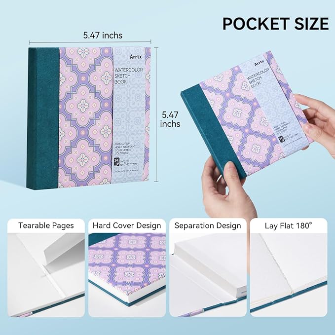 2 Pack Arrtx Square Watercolor Sketchbook, 5.47x5.47'', 140 LB, 300 GSM, 100% Cotton Paper, Cold Press, 48 Sheets, Hardcover Watercolor Journal for Use As Travel Notebook for Artists Adults Students