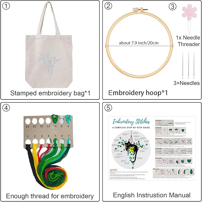Louise Maelys Canvas Tote Bag Embroidery Kit for Beginners,Cross Stitch Kits for Adults,Arts and DIY Crafts Needlepoint with Plant Cat Pattern,Women Shopping Reusable Grocery Bags
