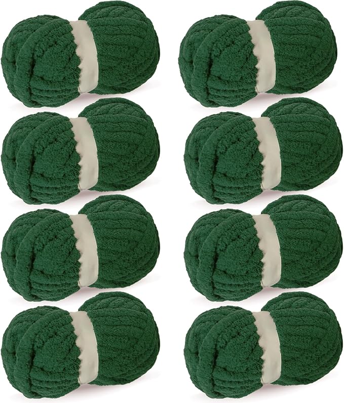 Dark Green Chunky Chenille Yarn for Crocheting/Knitting, Super Bulky Hand Blanket, Soft Plush Yarn for Carpet/Scarf/Cushion, 8 Jumbo Pack (63.76oz/197.68yd)