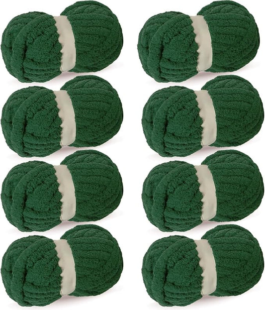 Dark Green Chunky Chenille Yarn for Crocheting/Knitting, Super Bulky Hand Blanket, Soft Plush Yarn for Carpet/Scarf/Cushion, 8 Jumbo Pack (63.76oz/197.68yd)
