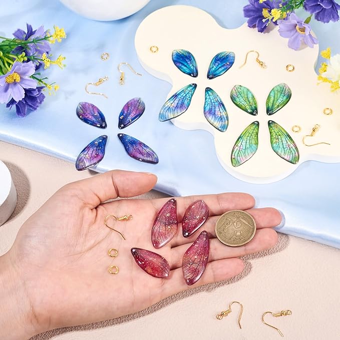 FASHEWELRY 16Pcs Resin Wing Charms Gradient Butterfly Wing Earring Charms Colorful Insect Wings Pendants with Jump Rings Earrings Hooks for DIY Earring Jewelry Making Kits