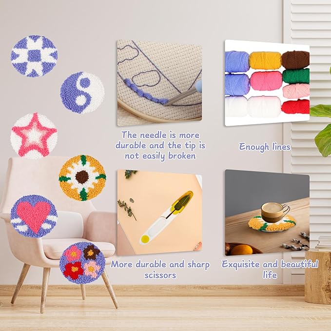 AIRDEA Punch Needle Drink Coasters Kit,Casual Punch Needle Embroidery Complete Kits for Beginner 3.29x3.29 Inches,Included All Accessories,DIY Car Coasters (Box-Blue Pink Yellow)