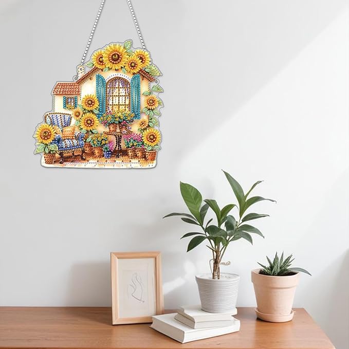 NAIMOER Diamond Art Hanging Kits for Adults, Sunflower House Diamond Art Suncatchers, 5D Special Shape Fall Diamond Painting Pendant Window Ornament Gifts for Home Garden Door Wall Decor