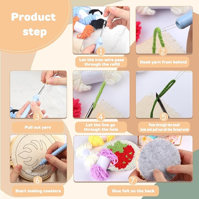 AIRDEA Punch Needle Drink Coasters Kit,Casual Punch Needle Embroidery Complete Kits for Beginner 3.29x3.29 Inches,Included All Accessories,DIY Car Coasters (Beige)