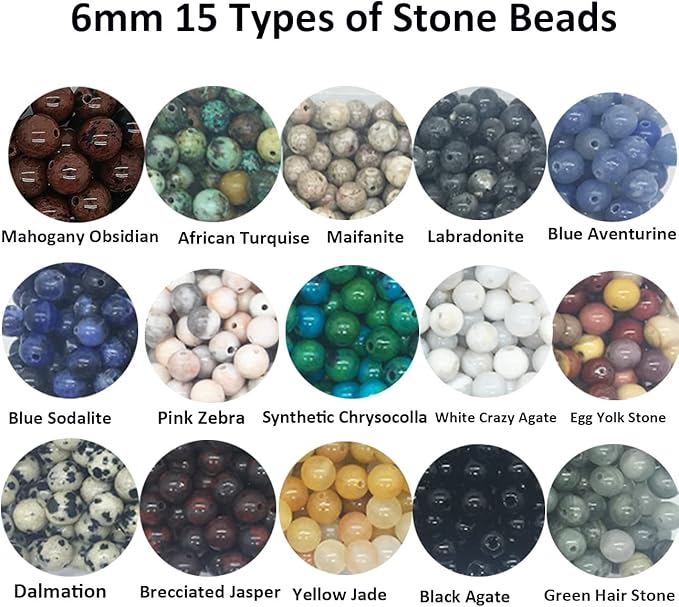 Yephac 750pcs 6mm Natural & Synthetic Round Stone Beads - 1mm Hole Size, DIY Smooth Beading for Bracelet, Necklace, Earrings - Jewelry Making, Box Packed (15material-6mm)