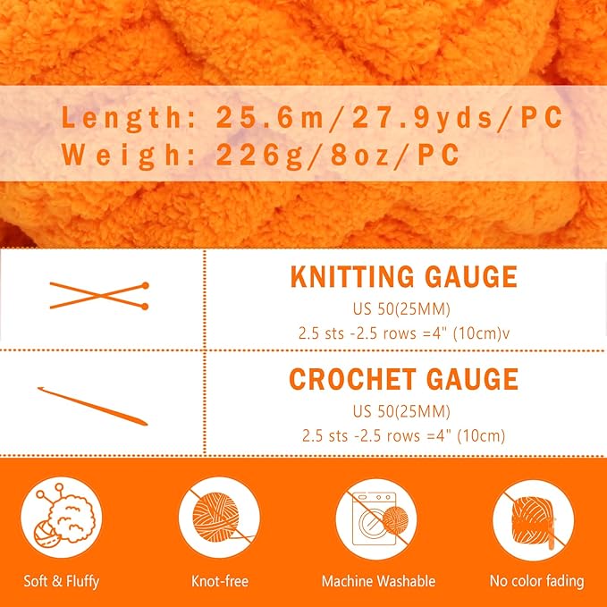 8 Pack Orange Chunky Yarn for Hand Knitting, Chunky Chenille Yarn, Jumbo Big Thick Chunky Yarns for Crocheting, Super Bulky Chunky Knit Blanket Yarns (27.9 yds,7.97 oz Each Skein)