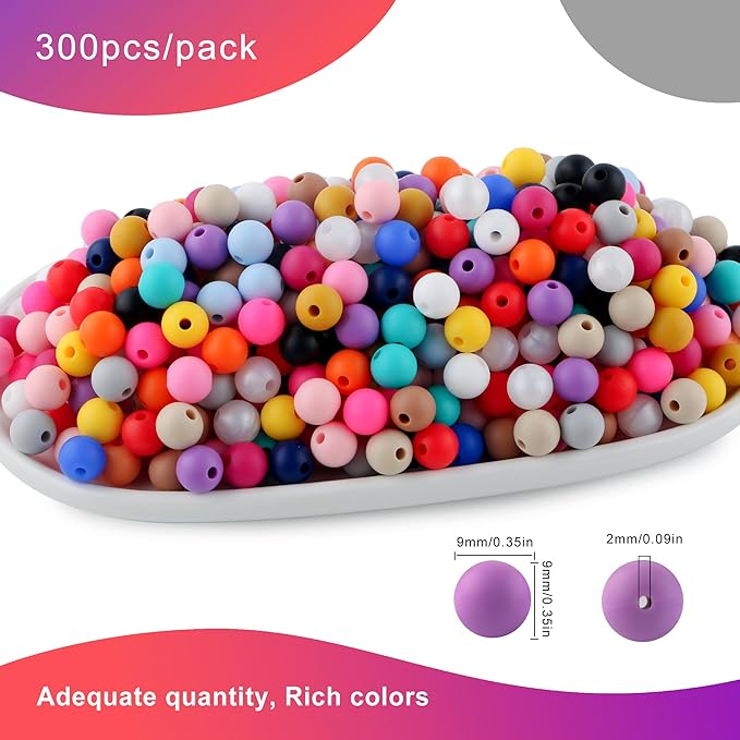 300Pcs 9mm Silicone Beads for Keychain Making and Bracelet Making,20 Colors Round Silicone Beads for Pens（Multicolor）