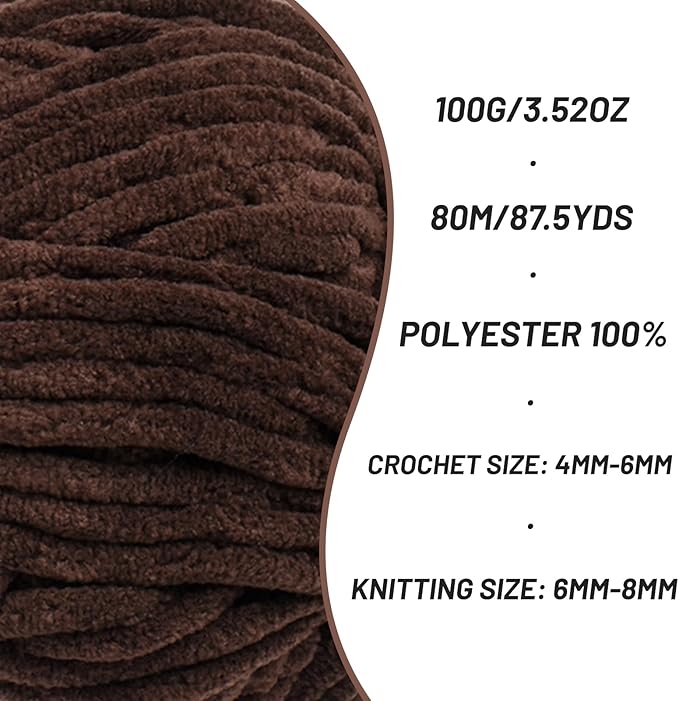 Fluffy Chenille Yarn for Crocheting, Chunky Velvet Yarns for Crochet Amigurumi, Baby Yarn for Crocheting Soft Blanket, 87.4yds /3.5 oz Bulky Yarns for Crafts/Hats/Shoes/Socks (Coffee)