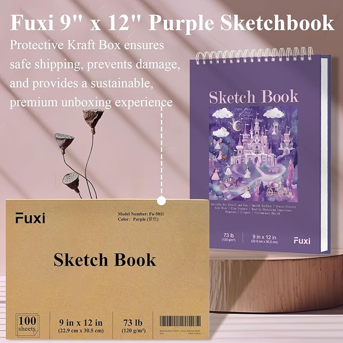 purple sketch book for women - 9"x12" girls sketch book, 100 sheets (73lb/120gsm) drawing paper for kids, art supplies for girls ages 8-12, beginners, and adults, 1-pack