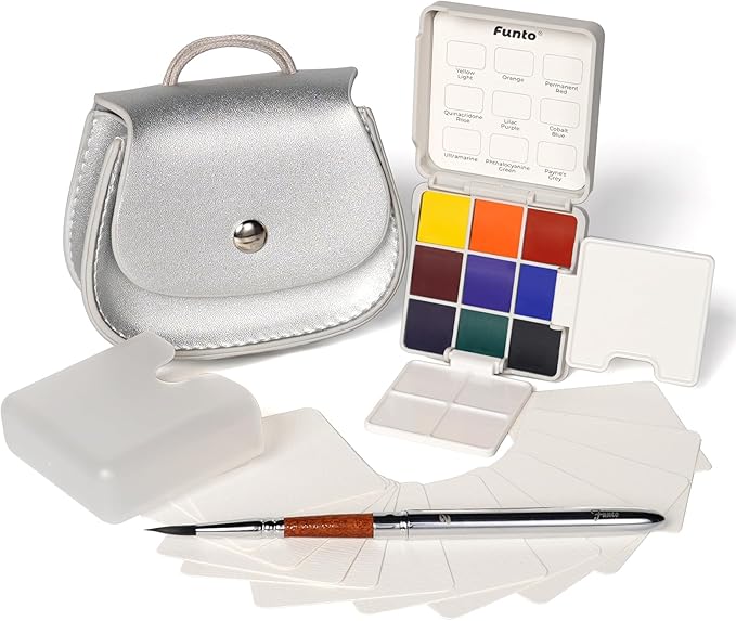 Funto Mini Watercolor Set Travel Kit with 9 Colors, Leather Bag & Watercolor Paper, Portable Drawing & Painting Supplies for Beginners, Art Gift Set