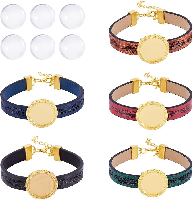 FASHEWELRY 5Pcs PU Leather Cord Bracelet Blanks Bezel Tray Settings Golden Flat Round Tray Cabochons Adjustable Round Tray Bracelet Kits with Glass Cabochons for Jewelry Making