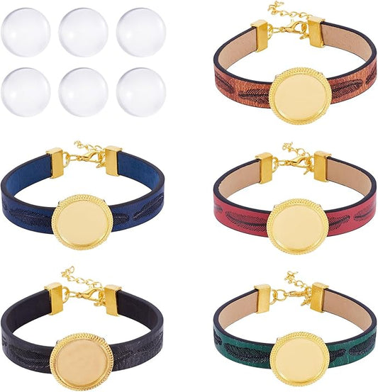 FASHEWELRY 5Pcs PU Leather Cord Bracelet Blanks Bezel Tray Settings Golden Flat Round Tray Cabochons Adjustable Round Tray Bracelet Kits with Glass Cabochons for Jewelry Making