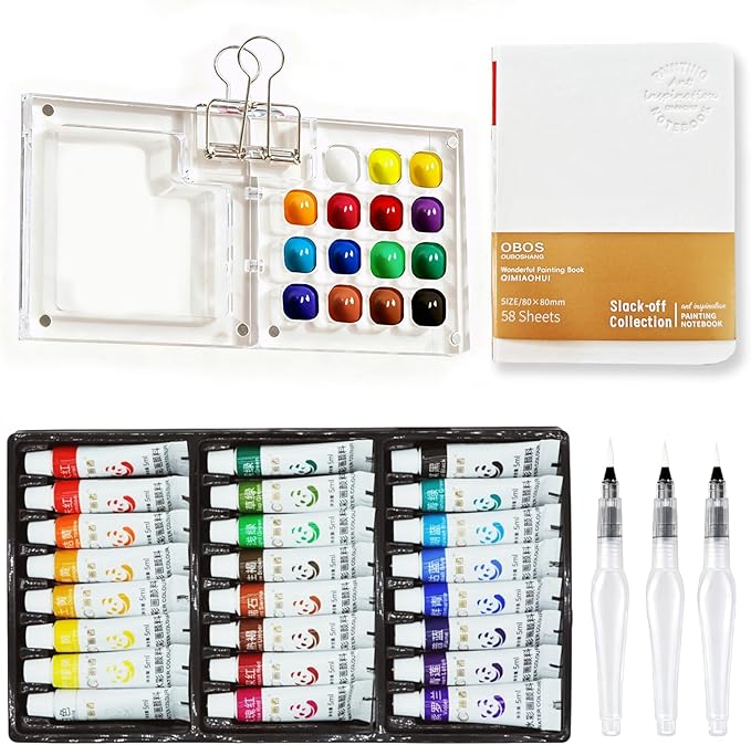 MUZMDNI Mini Watercolor Paint Set Portable, Travel Grid Paint Palette Box with Binder Clips Include 24 Colours, Brush*3 and Picture Album Art Materials Coloring Markers for Travel, Creative Drawing Kit for Beginners and Art Enthusiasts
