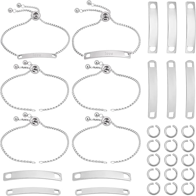 UNICRAFTALE 6Sets Engravable Bracelets DIY Kit Including Rectangle Engravable Blank Tags Links Connectors 24cm Stainless Steel Adjustable Slider Bracelet 4mm Jump Rings for Bracelets Making