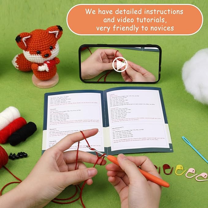Mnuizu Crochet Kit for Beginners, Animal Crochet kit for Starters with Instructional and Step-by-Step Video Tutorials, Complete Crochet Accessories, Crochet Kit for Adults,Easy Starter Present(Fox)