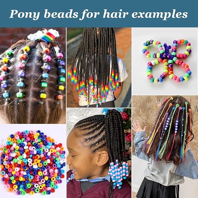 2000+ pony bead bulk 6x9mm multi-colored plastic craft beads set, bulk hair beads 10 assorted colors for diy crafting jewelry making bracelets