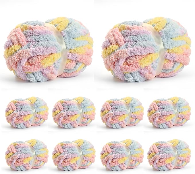 10 Pack Jumbo Chunky Yarn for Hand Knitting, Fluffy Chunky Chenille Yarn for Crocheting, Variegated Chunky Knit Baby Blanket Yarn, 240 yds /70.5 oz Super Bulky Yarn（Macaron）