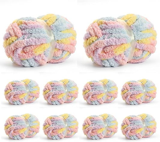 10 Pack Jumbo Chunky Yarn for Hand Knitting, Fluffy Chunky Chenille Yarn for Crocheting, Variegated Chunky Knit Baby Blanket Yarn, 240 yds /70.5 oz Super Bulky Yarn（Macaron）