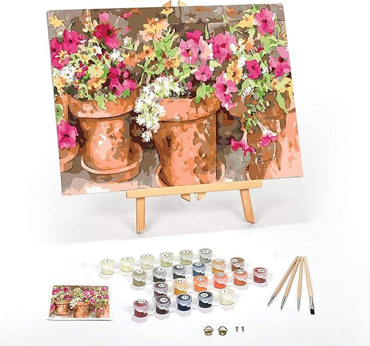 Ledgebay DIY Paint by Numbers Kit for Adults Framed Canvas Beginner to Advanced Paint by Numbers Kit, Kits Include Acrylic Paint Set, Brushes & Tabletop Easel (Sweet Petunias 12" x 16" Framed)