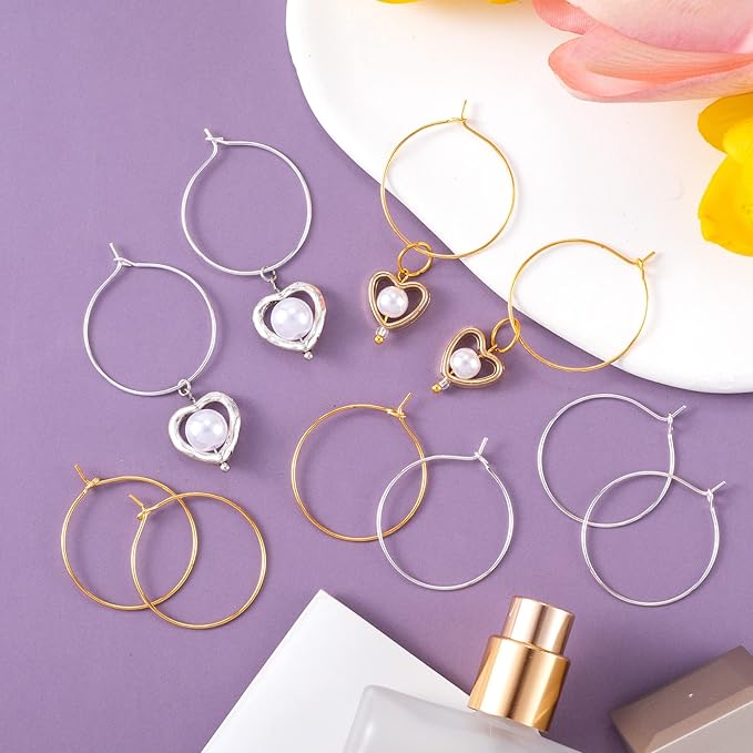 OIIKI 300PCS Earring Beading Hoops, 25mm Silver/Gold Plated Hoop Earring Findings, Open Hoops, Metal Wire Earring Rings, Round Earring Beading Accessories for DIY Jewelry Making, Wine Glass Decoration
