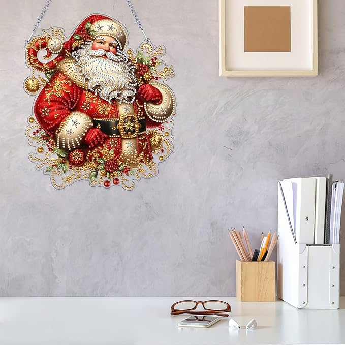 VODAPYC Christmas Diamond Art Hanging Kits for Adults, DIY Double Sided Special Shaped Diamonds Painting Window Pendant Ornament for Home Decor (Santa Claus-01)