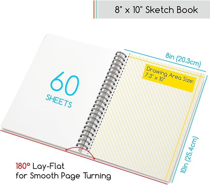 meeden 8"x10" sketchbook paper pad: 122lb/180gsm spiral bound art sketch book with diy cover for artists adults - 60 sheets heavy weight hardcover sketch drawing paper for painting sketching writing