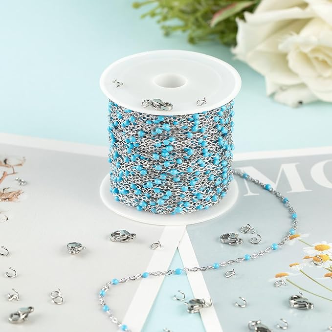 UMAOKANG 33 Feet/10M Stainless Steel Chain for Jewelry Making Light Blue Enamel Beaded Chain Bulk with Lobster Clasps and Jump Rings