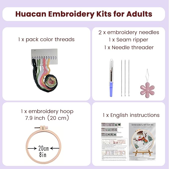 Huacan Embroidery Kits for Adults Beginner DIY Cross Stitch Stamped Christmas Pattern Stitching Sewing Kit 1 Piece 7.8 x 7.8 Inch (Snowman)