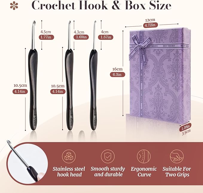 Yarniss Artisan Stainless Steel Crochet Hooks Set 3.0mm,4.0mm,5.0mm,Hand-Polished Crochet Needle with Ebony Handle for Beginners,Gift for Crocheter