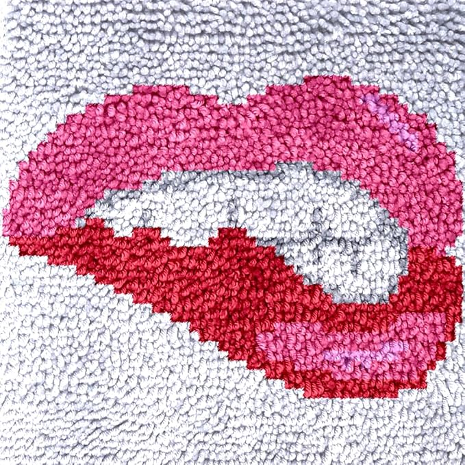 Numptain Latch Hook Kits for Adults,DIY Rug Crafts Red Lips Pattern Color Printed Canvas,Latch Hook Kits for Beginners Handmade Needlework Crafts Home Decoration,12"x12"
