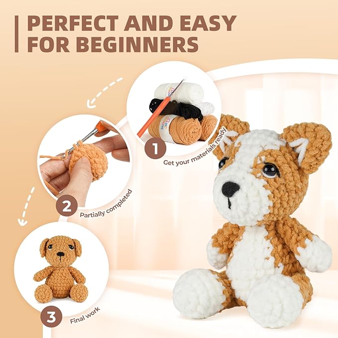 MOREJMTT Crochet Kit for Beginners, Learn to Crochet, Include Easy Knitting Soft Yarn, Step-by-Step Video Tutorial, Hook, Holiday Birthday Gift for Adults (2 Pack Dog)