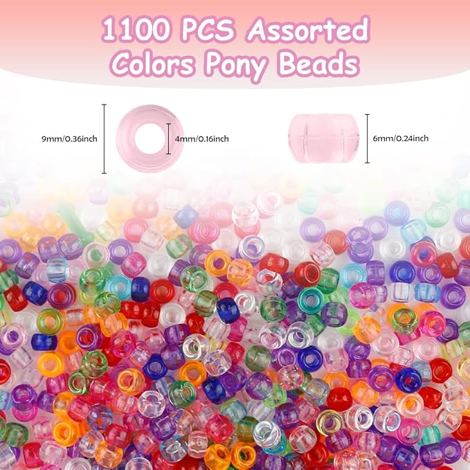 anpiwshjo pony beads 1100 pcs, beads for jewelry making, beads for bracelets making, hair beads, bracelet beads, plastic beads for crafts, hair beads for braids for girls (trans-colored)