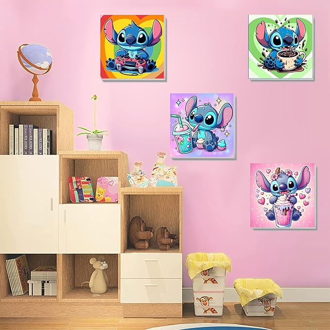 KOJEFCV 4 Pack Cartoon Paint by Numbers for Kids with Framed Canvas-with Wooden Easel, Paint by Number for Kids Ages 4-8-12, DIY Easy Acrylic Oil Painting Kits for Home Wall Decor (8X8inch)