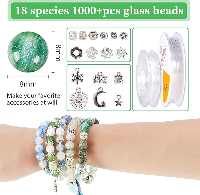 Tunmiok Glass Beads for Jewelry Making Kit with Metal Charms & Crystal String - Includes Spacers, Flower Holders - Bracelet kit, Necklace, Earring Set Supplies for Adults (Green)